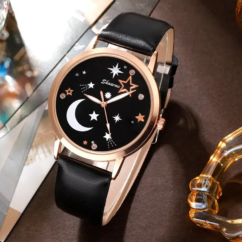 Women Fashion Watches Star Moon Round Dial Design Ladies Casual Simple Wrist Watch Luxury Bracelet Watch Clock Gifts