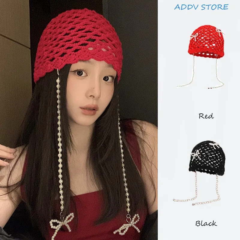 

Women's Removable Pearl Bow Knit Cap Red Hollowed Out Retro Tassel Wool Hat Caps for Ladies