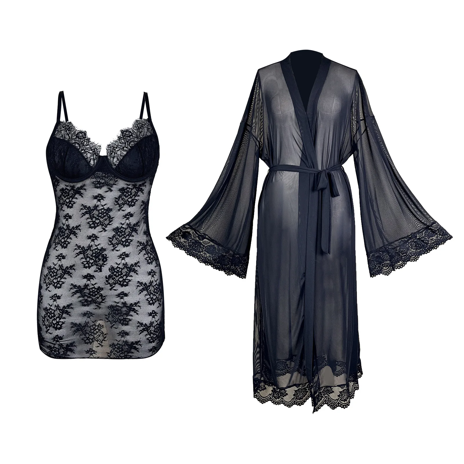 

Lace See-through Nightgown Set For Women Long Mesh Robe With Camisole Nightdress Sexy Two-piece Dress Pure Desire Casual 6BJL