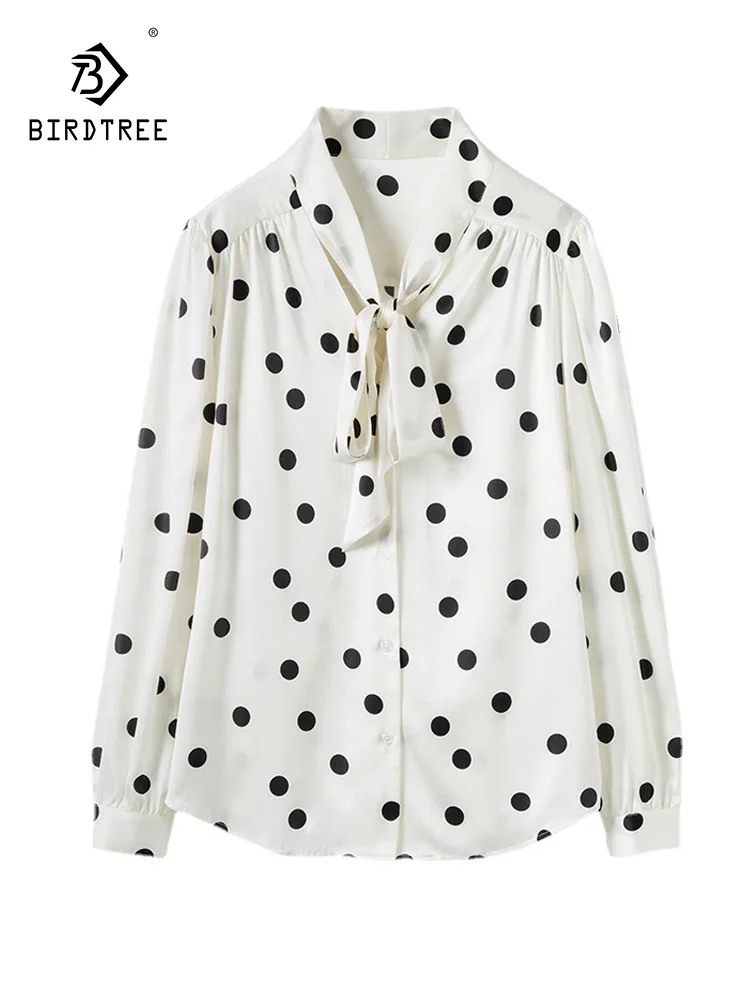 

Birdtree 93%Mulberry Silk 7%Spandex Dots Shirts Bow Collar White Chic Shirts 2023 Spring Autumn Office Lady Printed Top T37656QC