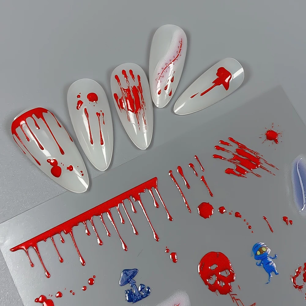 5D 할로윈 네일 아트 스티커 엠보싱 레드 블러드 스카 스컬 배트 디자인 네일 데칼 타투 슬라이더 매니큐어 호러 데칼 용품