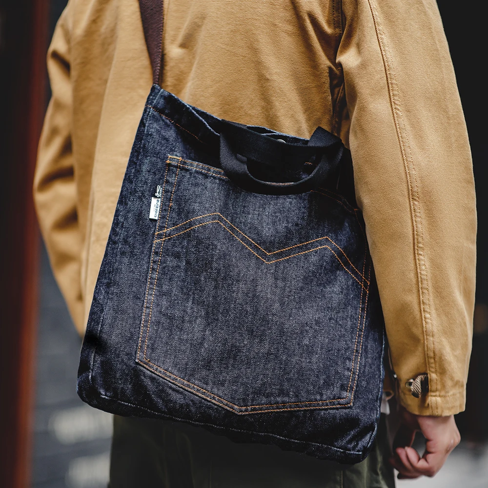 Maden Denim Shoulder Crossbody Bag, bordado denim, sacola plana portátil de grande capacidade para o diário dos homens, retro 14oz