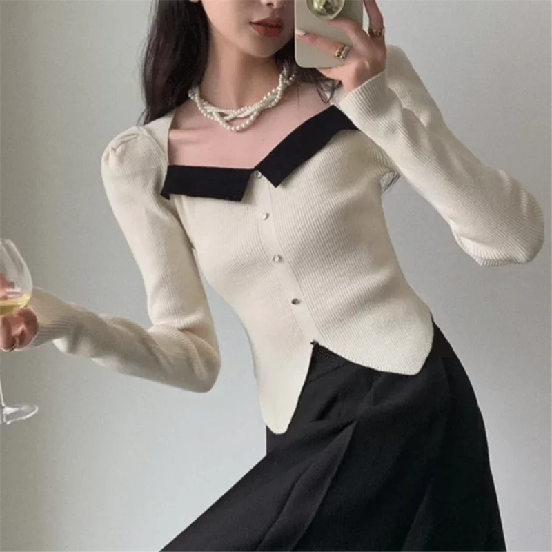 Color Contrast Black Beige Square Collar Short Sweater Top New 2026 Fall French Elegant Long Sleeve Slim Knitted Shirt T Shirt
