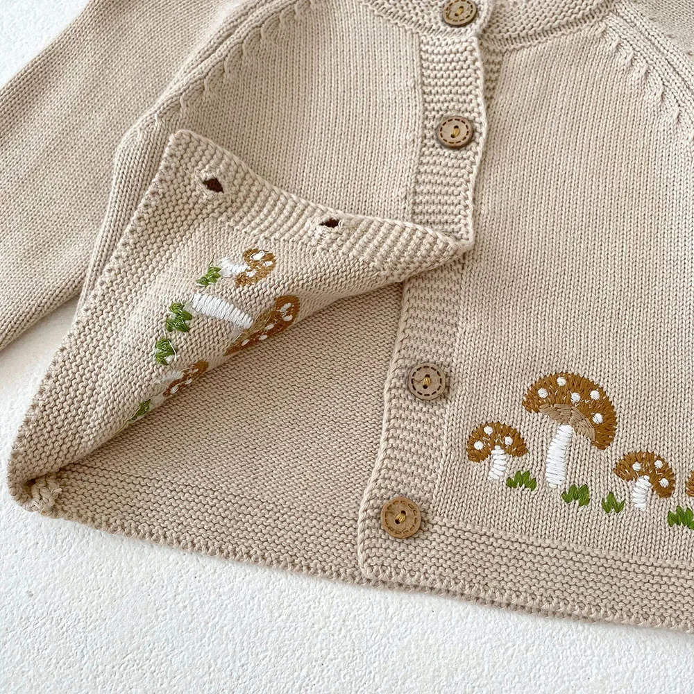 New 2024 Autumn Baby Sweaters 0-3Y Cute Mushroom Embroidery Girls Knitted Cardigans Coat Single Breast O-Neck Infant Sweater Top