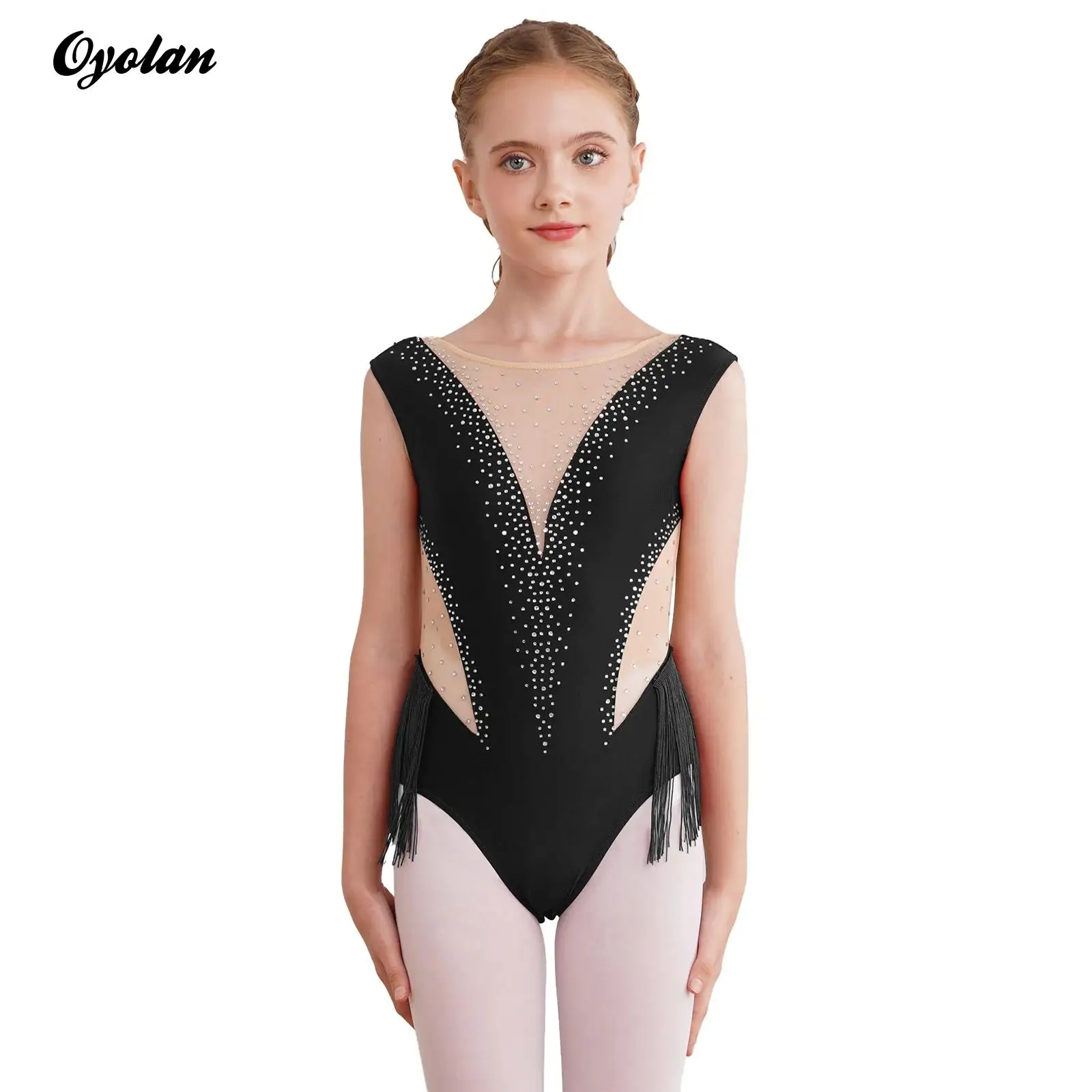 

Kids Girls Gymnastics Figure Skating Ballet Dance Costume Sparkly Rhinestone Leotard Sheer Mesh Sleeveless Bodysuit Jumpsuit