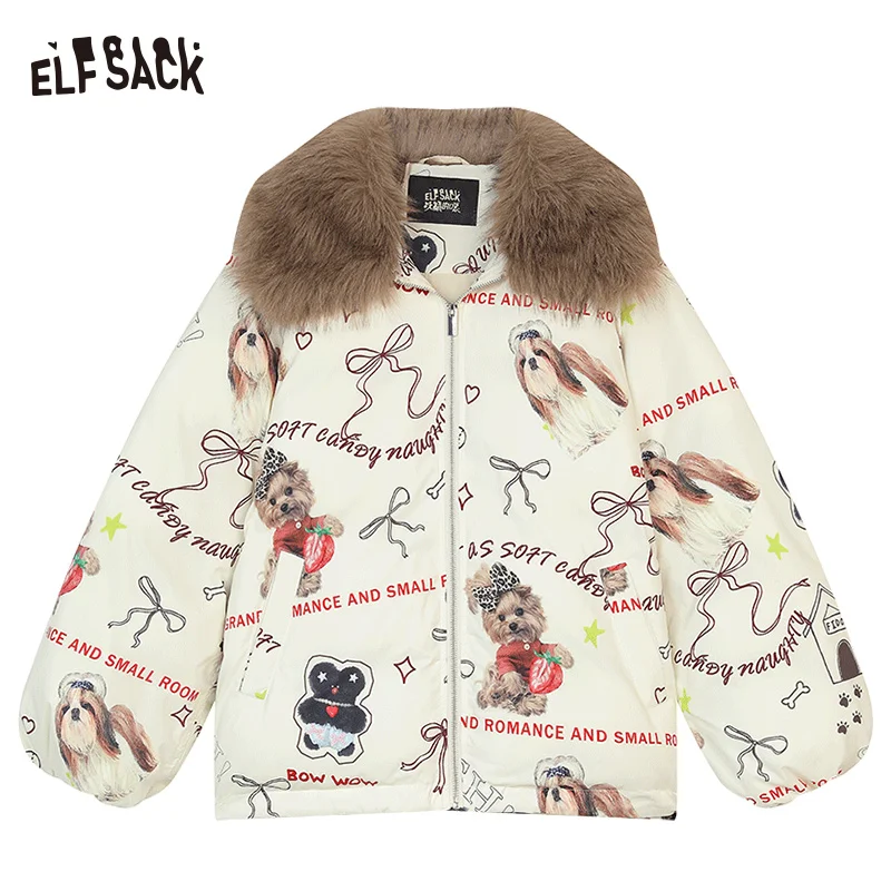 ELFSACK 2024 Winter New Arrivals Puppy Print Thickened Short Faux Fur Collar Jacket