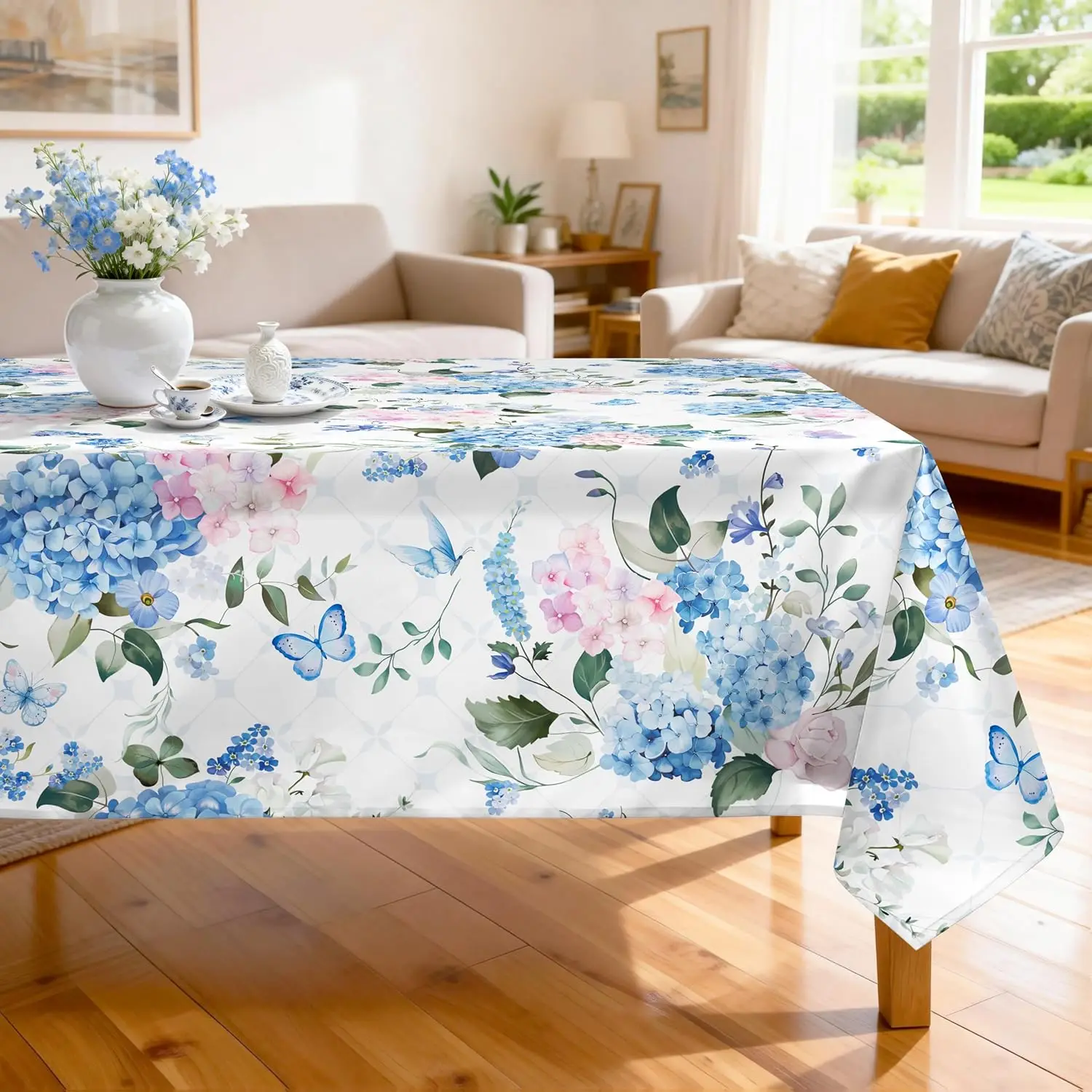 Blue Hydrangea Rectangle Tablecloth for Table Decor Washable Spring Summer Floral Kitchen Dining Table Cloth Wedding Decorations