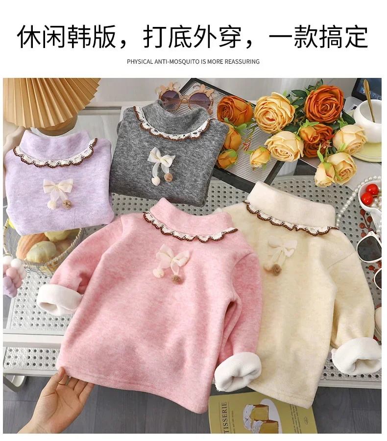 Neues Kinder-Rollkragen-Unterhemd, warmes, mit Fleece gefüttertes Langarm-Unterhemd, verdickte Baby-Basis-Schicht, Kinder-Schleifen-Spitzenkragen – Detail 5