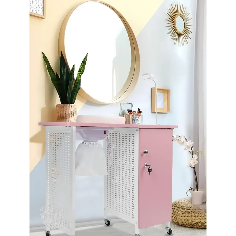 Manicure Nail Table, Mobile Nail Station with Nail Dust Collector, 4 Drawers, LED Lamps, Wrist Rest for Home Technician