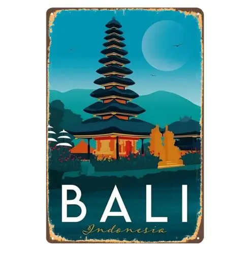 ملصق معدني للسفر بمناظر طبيعية كلاسيكية من بالي اندونيسيا - لافتة قصدير لبطاقة بريدية مقاس 20 × 30 سم #1