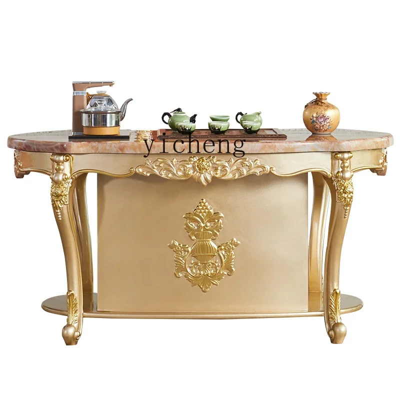 TQH villa living room American size apartment champagne gold solid wood marble tea table chair kung fu tea table