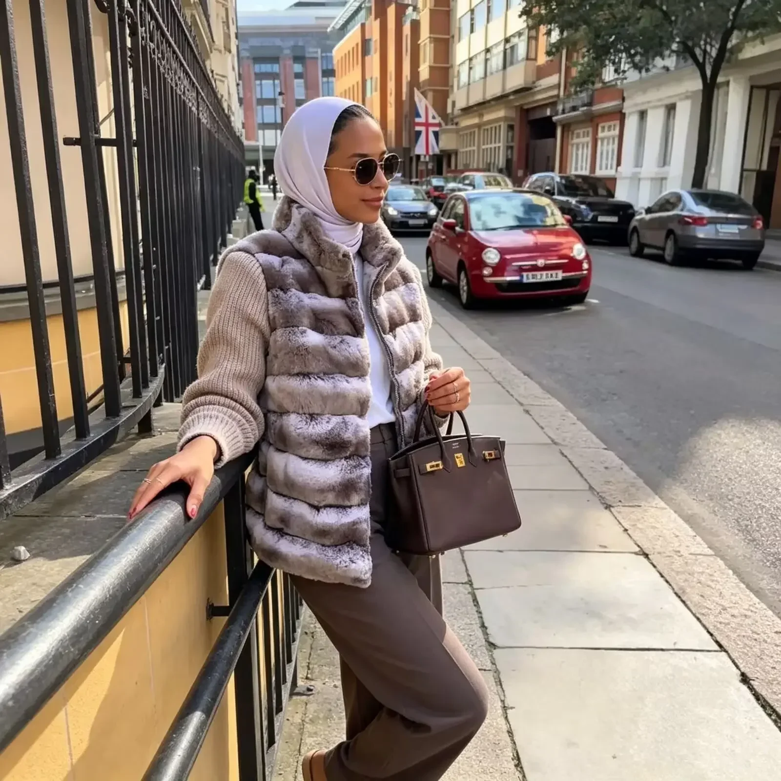 Stand Collar Knit Sleeve Patchwork Striped Faux Fur Jacket Loose Zipper Up Mid-length Coat 2026 Winter Fashion Lady Chic Outwear