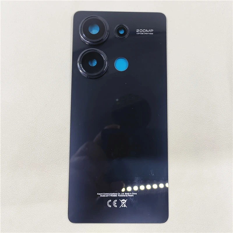 Tylna obudowa z szybką do telefonu Xiaomi Redmi Note 13 Pro 4G, model 23117RA68G, wraz z obudową baterii i tylnym paneliem, oraz zamienną obudowy obiektywu aparatu. — zdjęcie produktu 5