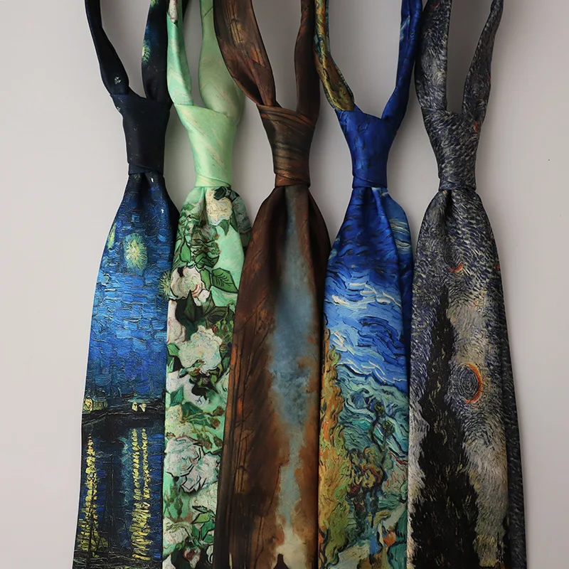 8CM New Fashion Oil Painting Neck Ties For Men Star Moon Retro Fun Wide Slim Necktie Accessories Daily Wear Wedding Party Gifts