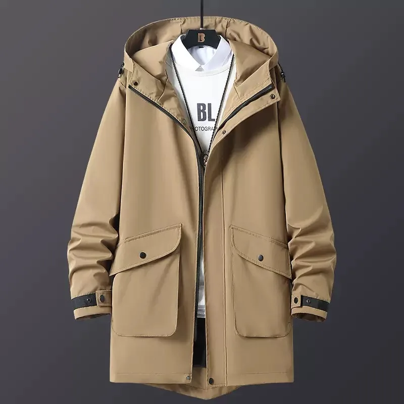 

Осень и весна, новый модный тренд, длинный ветрозащитный плащ с капюшоном, мужская повседневная свободная спортивная куртка больших размеров высокого качества