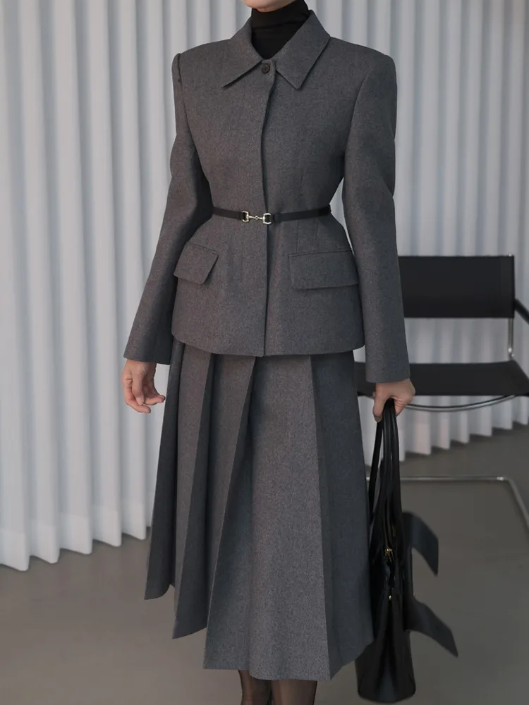 Faionable High Waist Suit Set Women's Winter Woolen Jaet And f Skirt Ensemble Commute Sle Suitable for Various Occas...