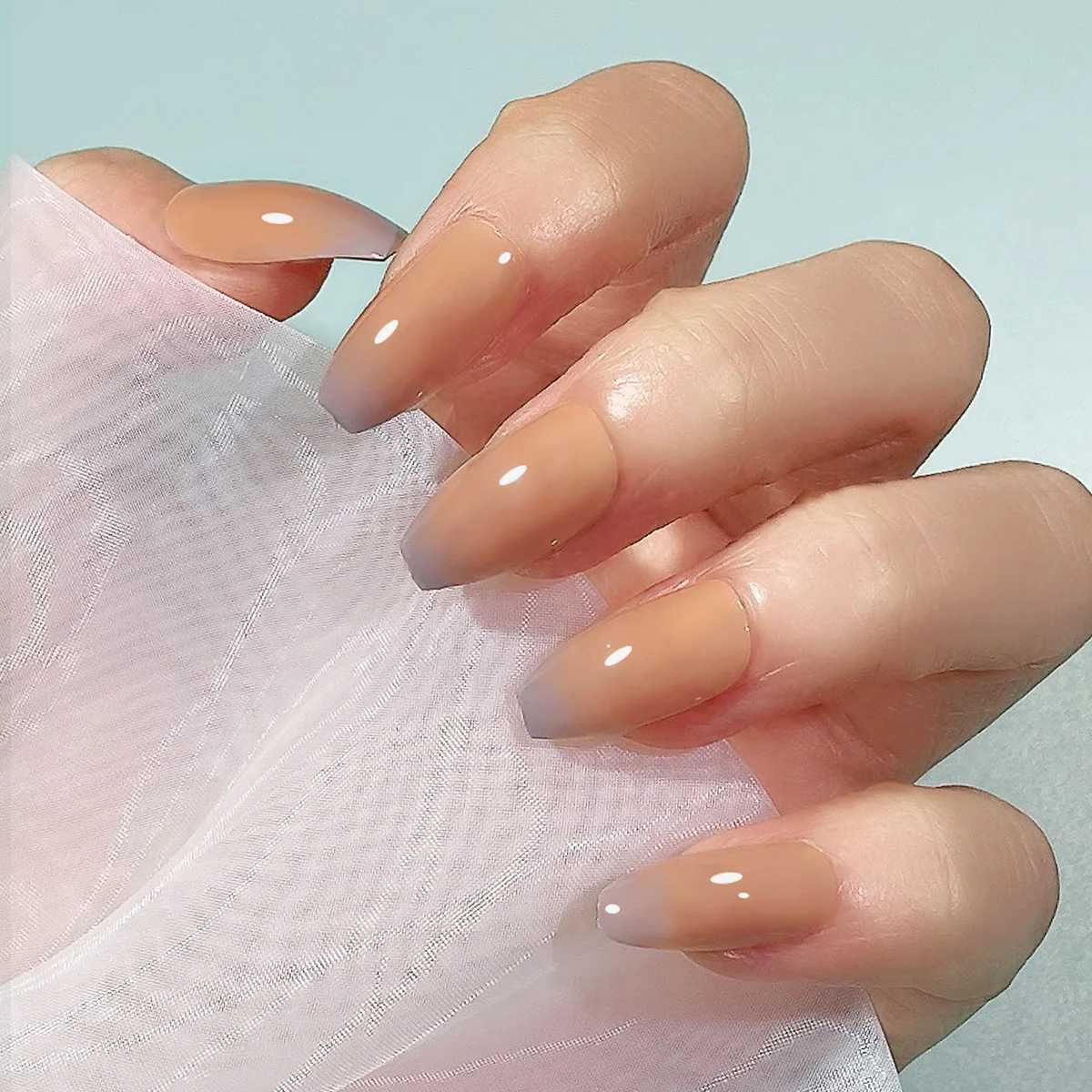 False Nails Zinc Alloy Glass Rhinestone Nude Beige Khaki Gradient Short Press-On Tips L Size One Unit Handmade Finger Nails