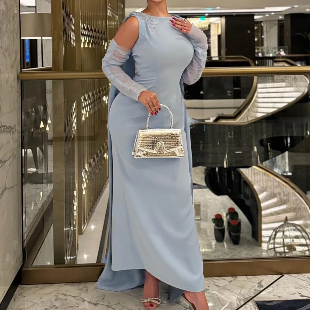 

Customized Jersey Straight Cap Sleeve Crystal Detachable Sleeve Evening Dress O-neck Floor Length Watteau Train Gracef