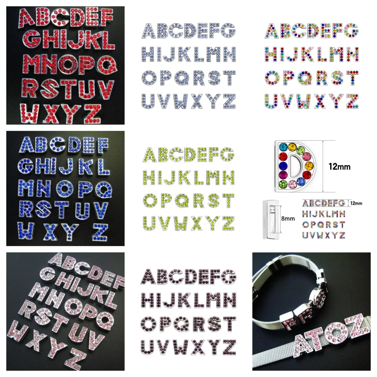 50PC/lot Hole 8MM Slide Letter red pink crystal slide charm English Alphabet A-Z Fit For 8mm bangle bracelet Keychains making