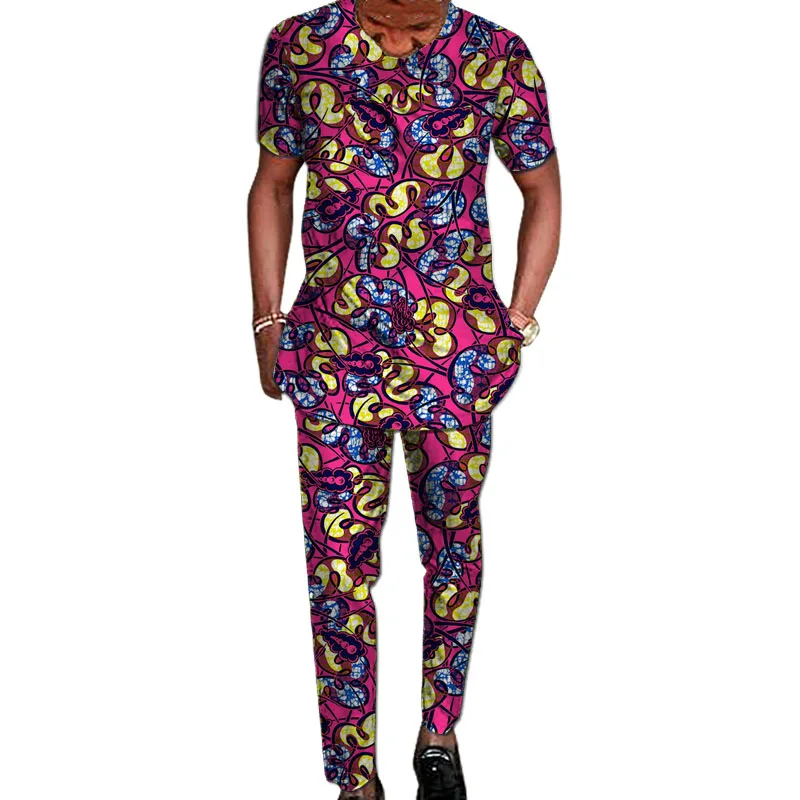 Nigerian Fashion Men's Short Sleeve Tops+Trousers African Wax Colorful Print Male Pant Suits Wedding Party Garment