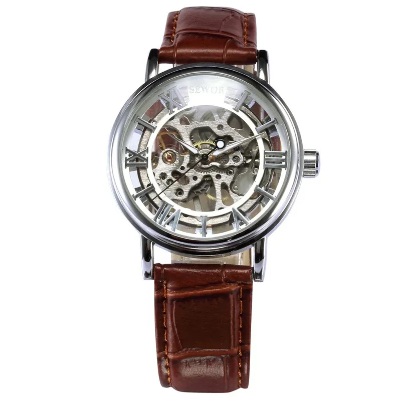 SEWOR Fashion Casual Mechanical Watch Men Skeleton Watches PU Leather Band Mechanical Hand Wind Wristwatches Men Erkek Kol Saati