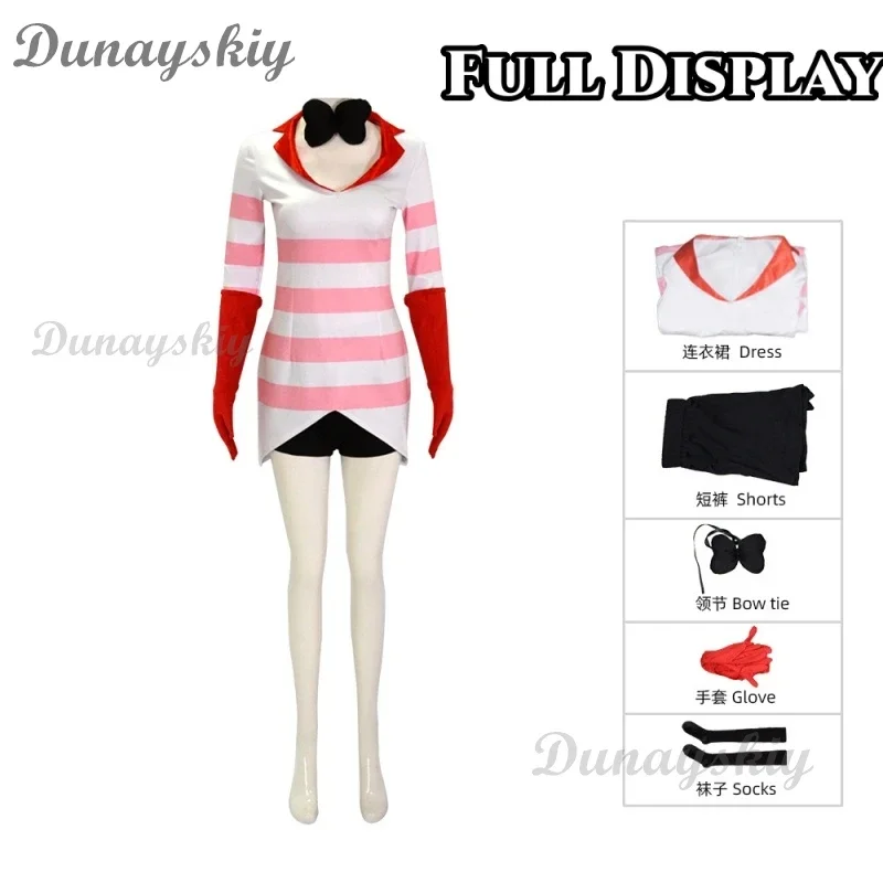 Anime Ángel polvo Cosplay disfraz peluca polvo Ángel vestido Sexy rojo blanco raya ropa calcetines fiesta de Halloween Mujer