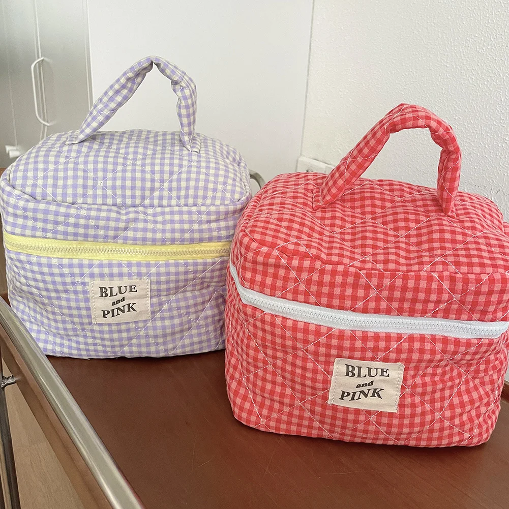 Women Plaid Makeup Bag Travel Cosmetic Bag Fashion Cotton Checkered Makeup Bag Cute Brushes Storage Pouch Bag Large Toiletry Bag