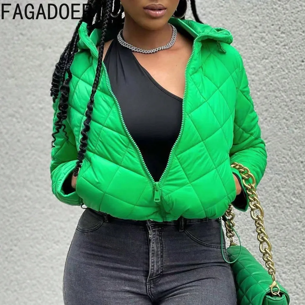 FAGADOER Autumn New Fashion Drawstring Patchwork Coat Jacket for Women Green Zip Long Sleeve Hooded Crop Top Female Streetwear