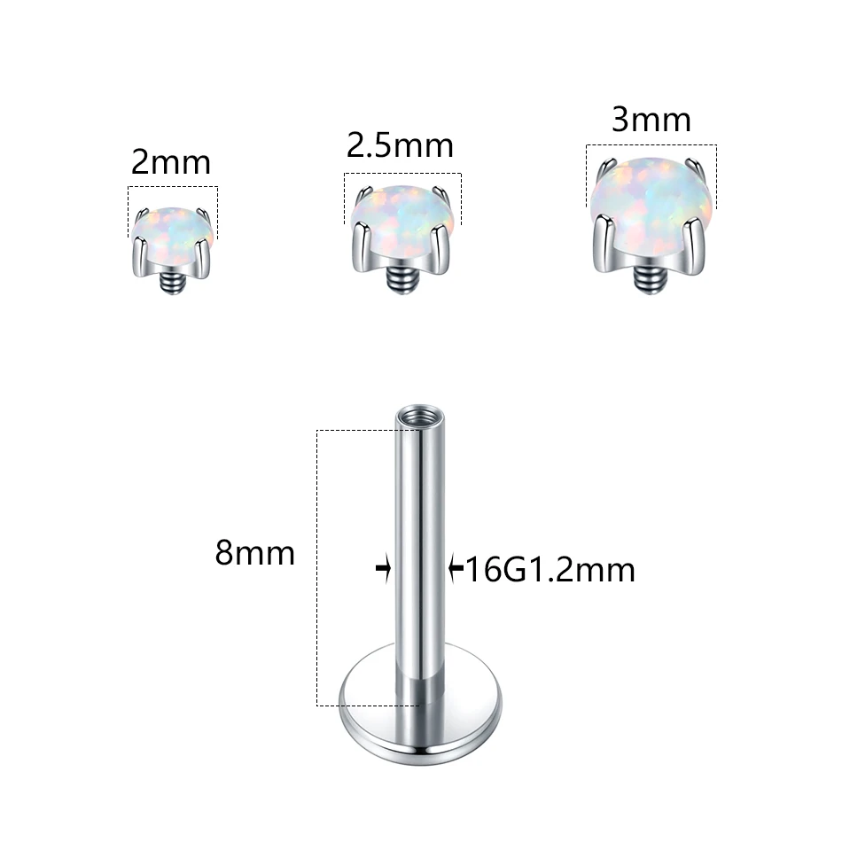 1PC Titanium Labret Piercing Lip Stud 16G 2/2.5/3mm Opal Stone Internally Threaded Flat Back Ear Tragus Helix Piercing Jewelry
