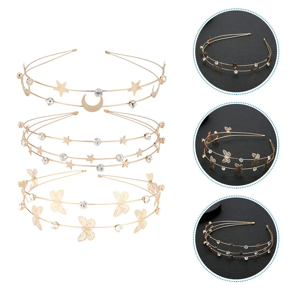 

Набор из 3 металлических ободков для волос в форме звезды и луны, изящные свадебные обручи для волос, украшения для волос со стразами для женщин и девушек на свадьбу, вечеринку, выпускной