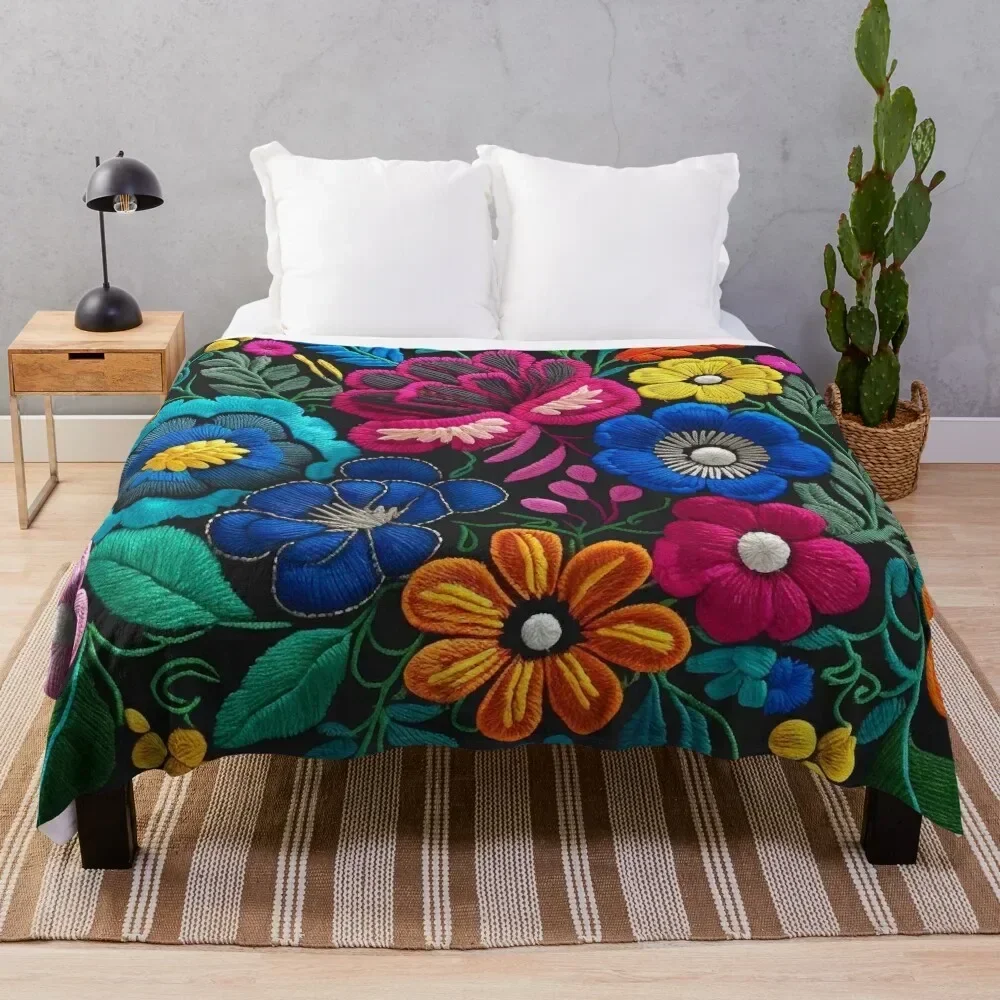 

Spanish Embroidered-Looking Flowers Throw Blanket Flannel Sofas Blankets For Bed Decorative Sofas Blankets