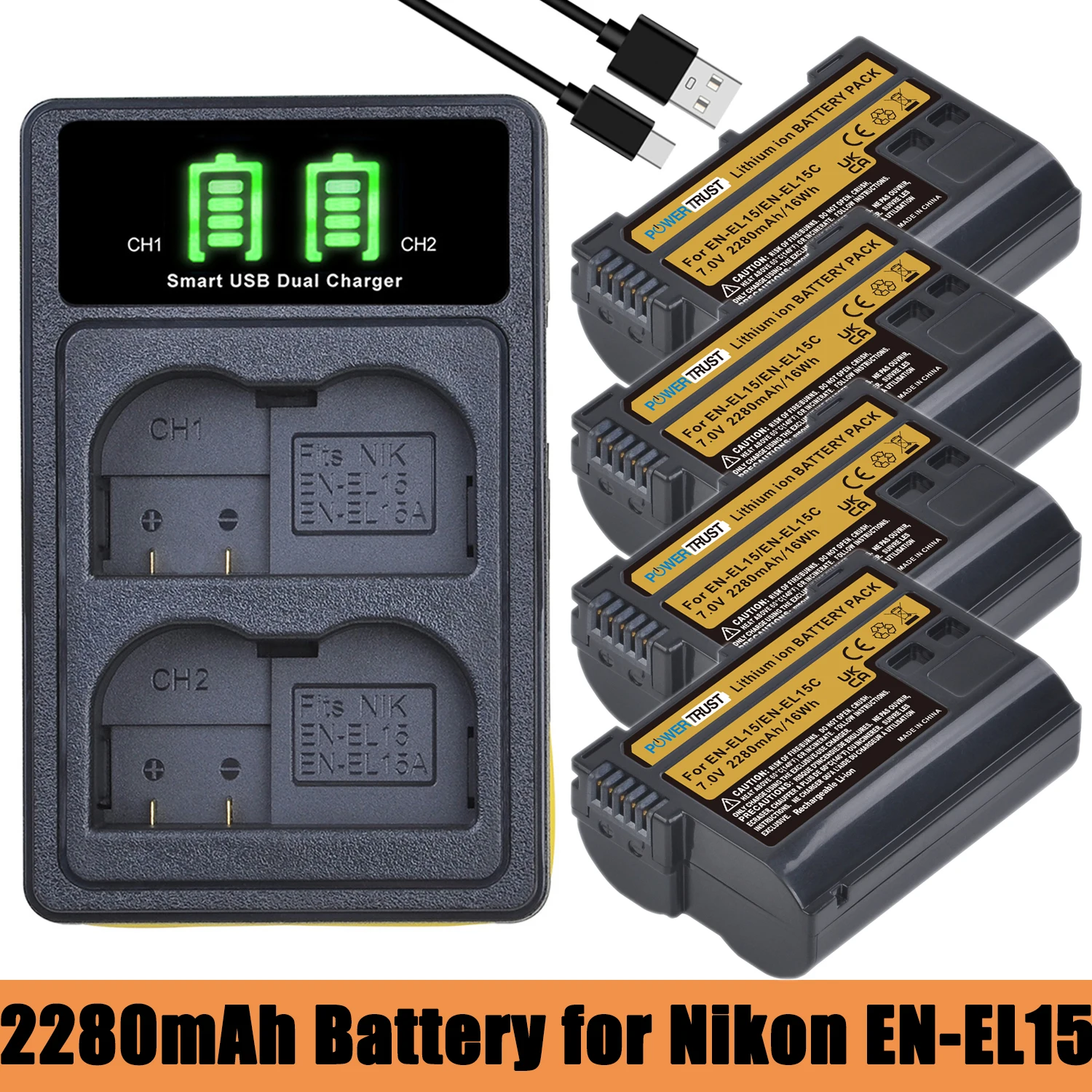 2280mAh EN-EL15C EN-EL15 Battery and Charger for Nikon EN-EL15A EL15B Z6 Z7 D750 D850 D7000 D7100 D7200 D7500 D500 D600 D610