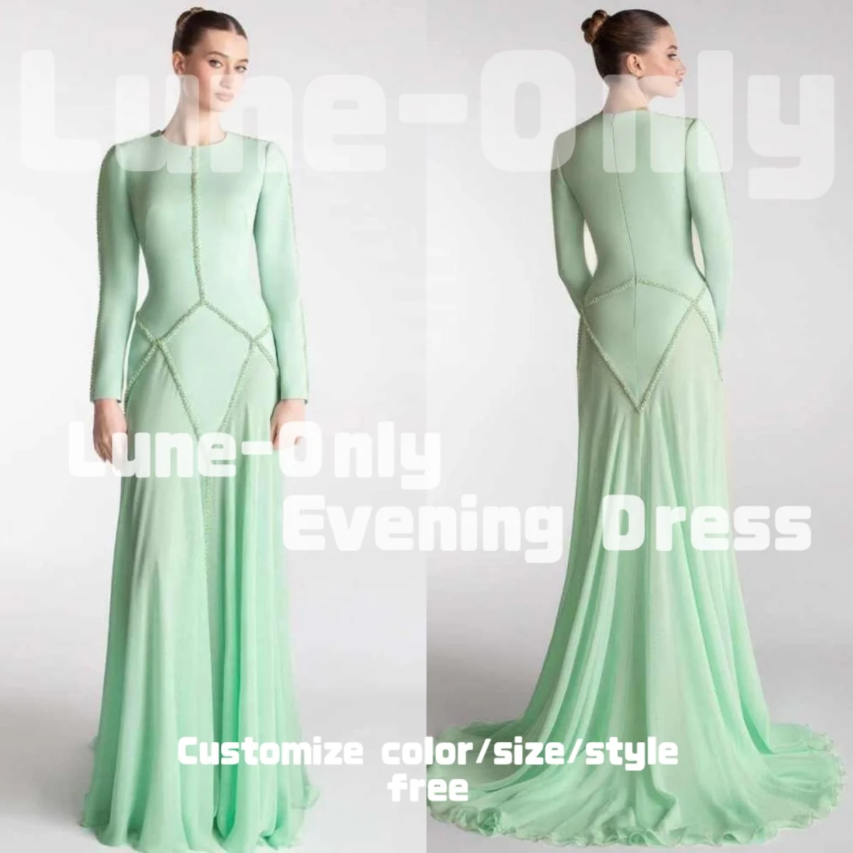 

Customized Round Neck Long Sleeves Beads Luxury Women Evening Dresses Mint Stretch Chiffon Elegant Party Gown Prom Formal Dress