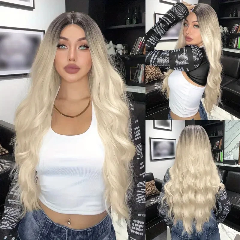 28 inch medium water wavy long curly hair wig full head set selling fashion gradient beige white water wavy long curly hair wig