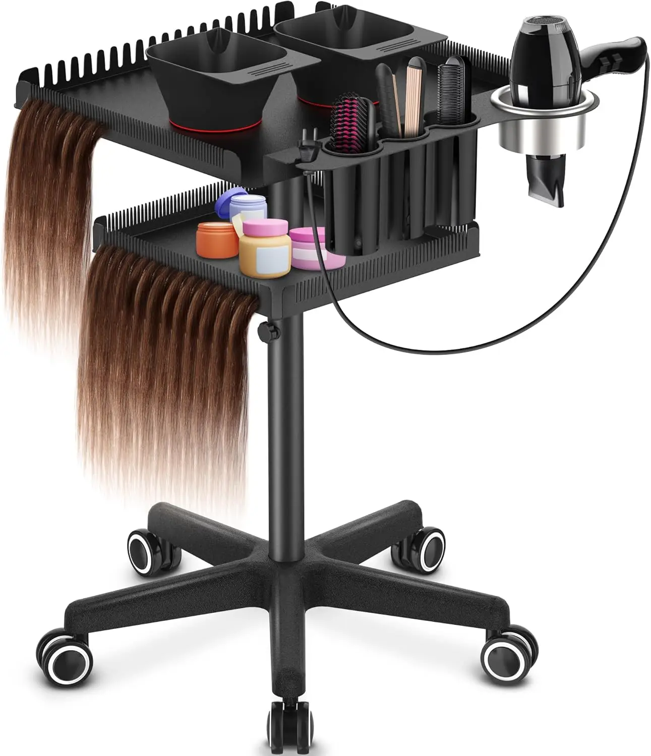 Rolling Salon Tray on Wheels, Metal Hairstylist Tray Rolling Cart for Hair Salon Station with Holder and Hair Separator Stand, S