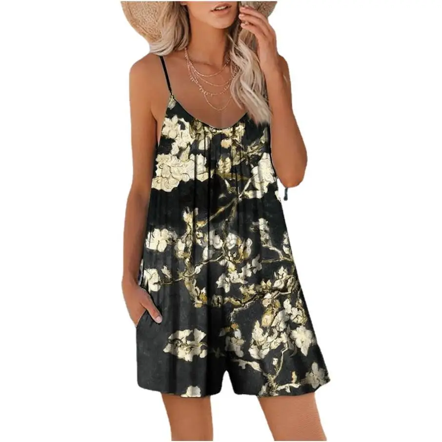 Summer New Digital Print Loose Casual Bib Overalls orts One-Piece Suit Women's Faion Ultra-Thin Five-Quarter Pants