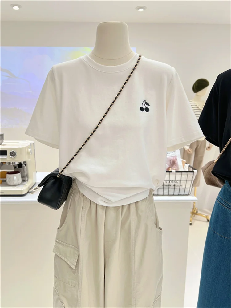 Spring Summer Loose Basic Style Short Sleeve Embroidered Cherry under Shirt T Shirt Women Half Sleeve Tee Commute Style Flora...