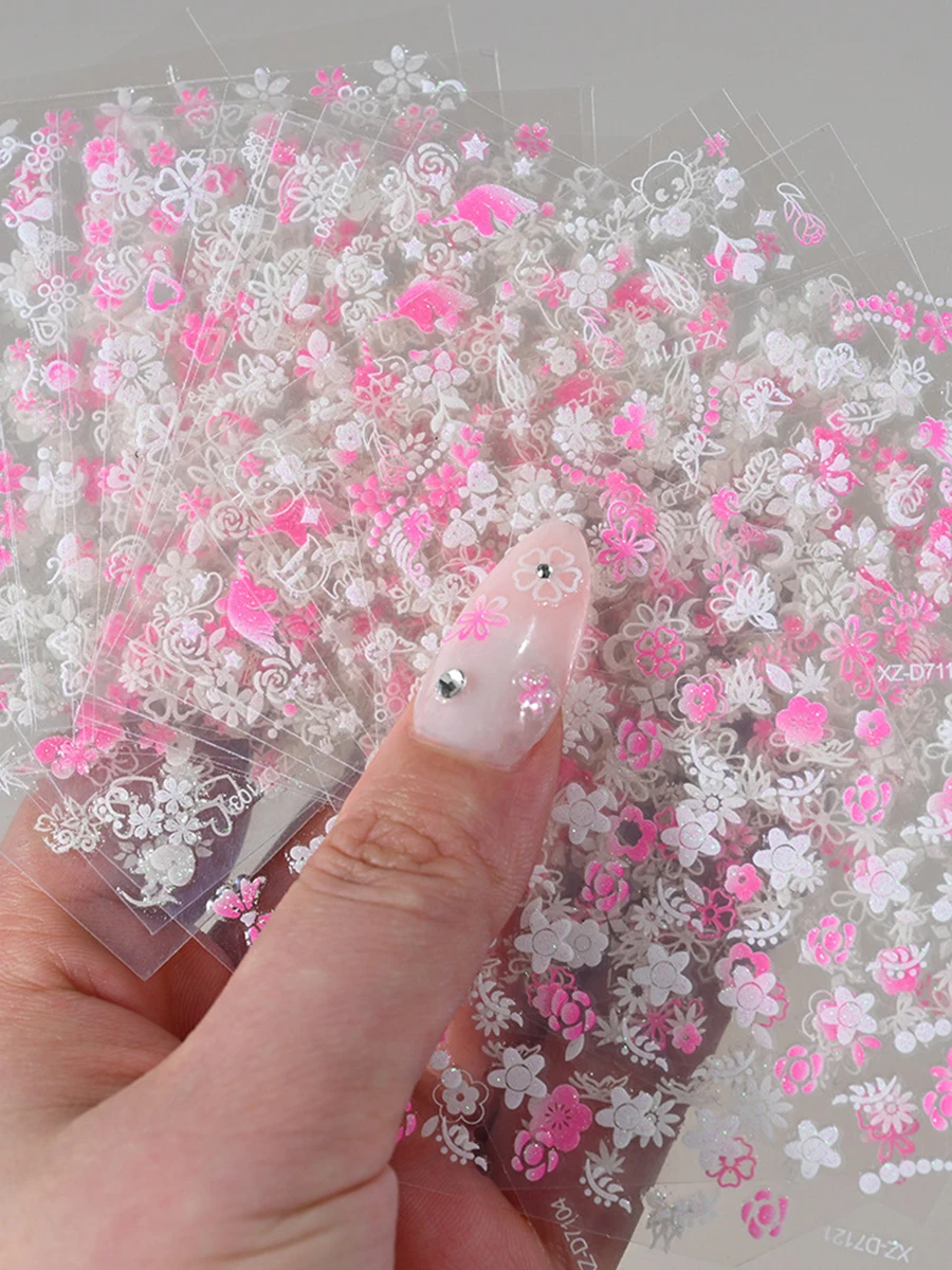 Mix 30PCS einfache Nail Art Blumenaufkleber weiß rosa lila Blumendesigns mit Herz Nagelaufkleber DIY selbstklebende Aufkleber