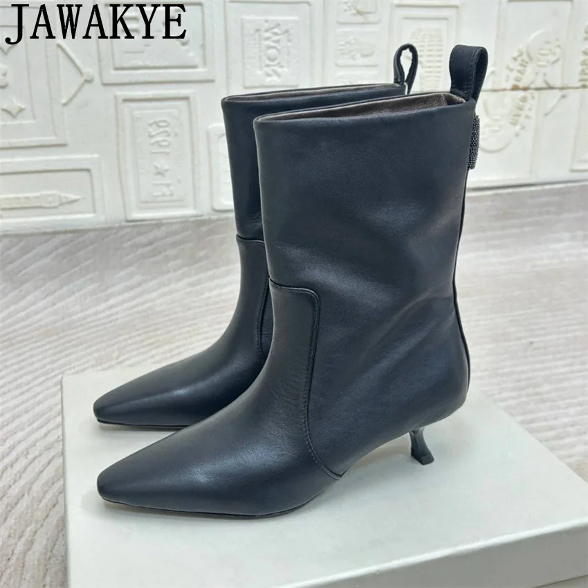 

JAWAKYE/Новые ботильоны из натуральной кожи с острым носком, женские короткие ботинки «Челси» на каблуке «котенок», женские зимние модные ботинки Botas Mujer
