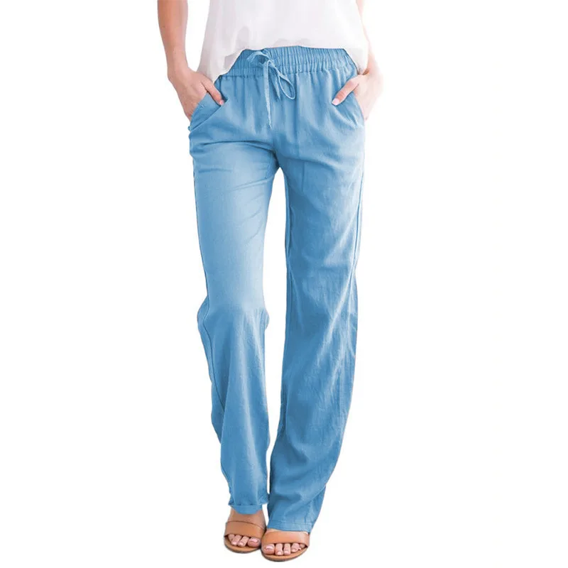 Women's Spring and Summer New Women's Pants Solid Color Cotton Hemp Rope Loose Casual Wide Leg Pants Women