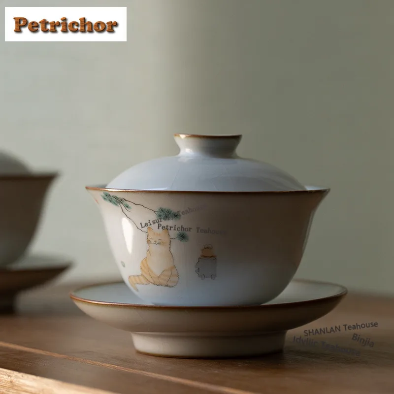 

160 мл Moon White Ru Kiln Wealth Cat Gaiwan Традиционная чайная вареная чаша с крышкой Набор для приготовления чая Крышка чая Кунг-фу Чайный сервиз