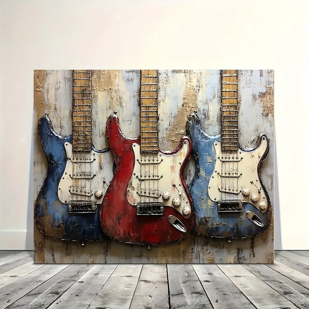 

1.5 inch thick wood pine frame, interior art mural, home decor, old bass guitar mural, music theme decor