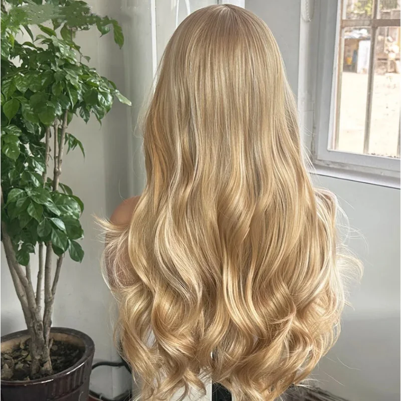 Peluca sintética ondulada de cuerpo largo, resaltado rubio miel, parte media, pelucas frontales de encaje, encaje Frontal prearrancado, línea de cabello realista