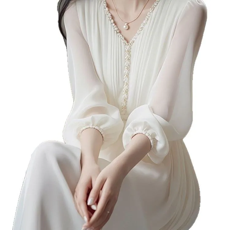 High End V-neck Dress for Women in Spring and Autumn 2025 Mid to Long Length Style Slim Fit Simple Long Sleeved Dress