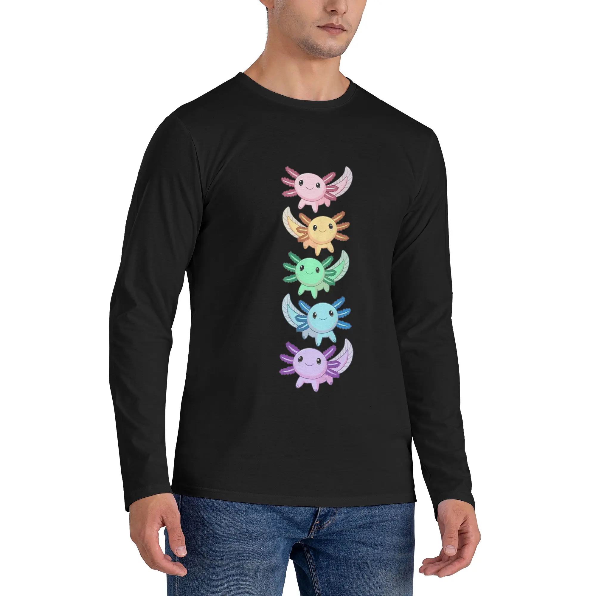 

Rainbow Axolotl Men's Long Sleeved T-shirt Fashion Round Neck T shirts Spring and Autumn Men tops