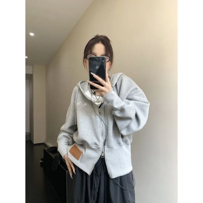 Top Sweatshirt Outerwear Women's Design Ribbed Two-way Zip Cropped Hooded Tailored Waist Fashionable New Comfortable Minimalist