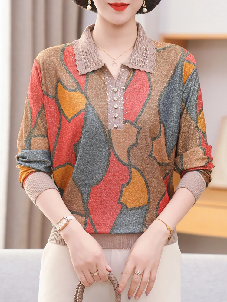 

Geometry Print Sweater Women Autumn Spring Korean Fashion Pullover Femme Women Clothing Causal Lapel Sweaters