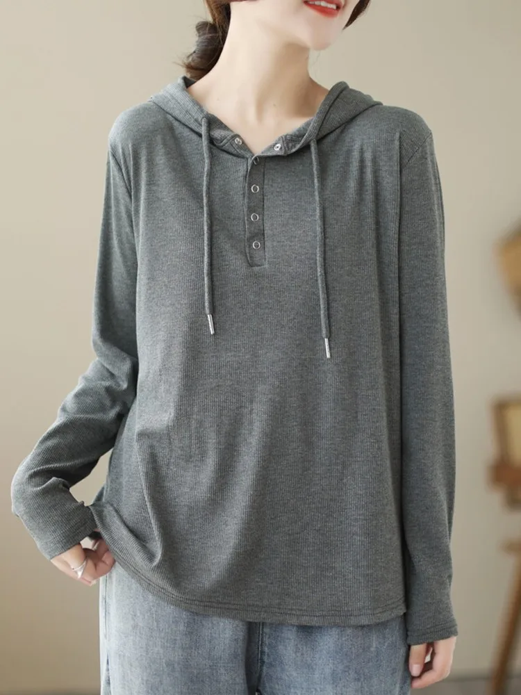 

Women Casual Hooded T-shirt New Arrival 2023 Autumn Simple Style Solid Color All-match Loose Female Long Sleeve Tops Tees B2963
