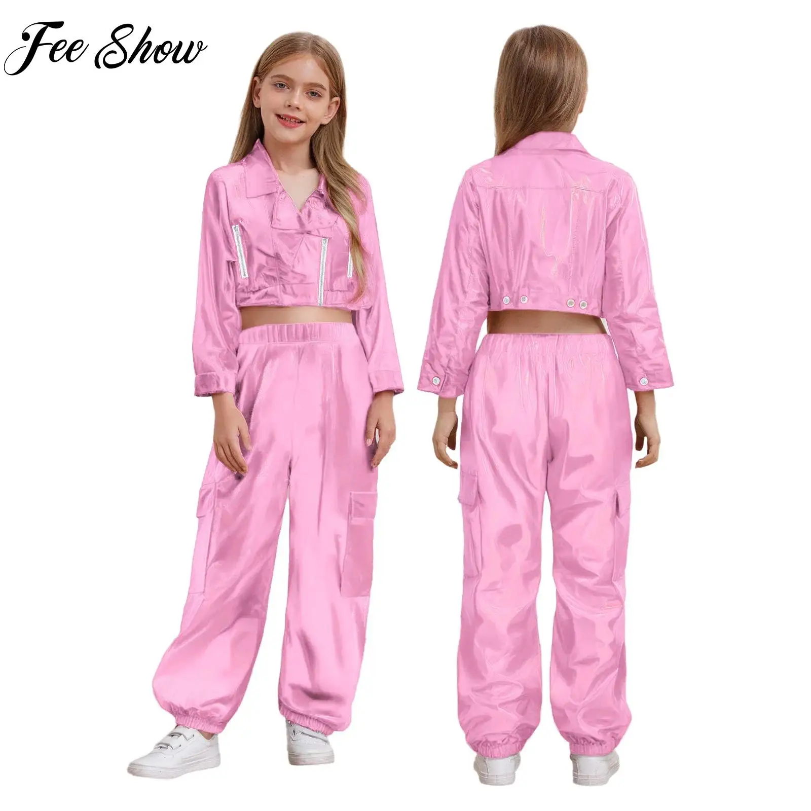 

Motorcycle Style Unisex Kids Boys Girls Casual Daily Wear Long Sleeve Zipper Jacket with Shiny Pant for Hip-Hop Jazz Dance Stage