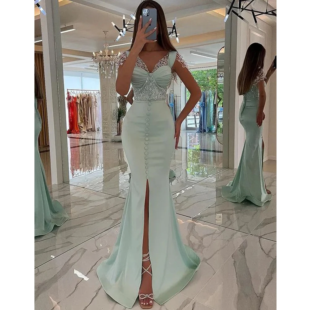 

Modern Light Green Mermaid Evening Dress V-Neck with Pleat and Buttons Sleeveless Floor Length Front Slit Women Banquet Gowns